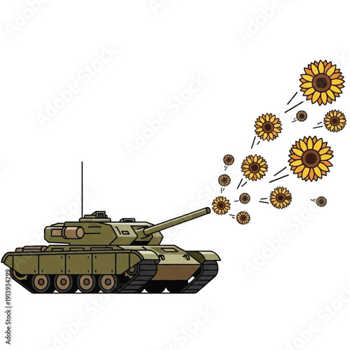 Surreal illustration of a military tank firing sunflowers in a dynamic battlefield scene, blending technology and nature.