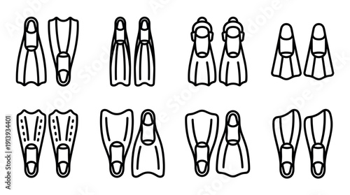Collection of black line art flippers and fins for swimming and diving presented as a minimalist icon set with various designs and shapes for water sports equipment