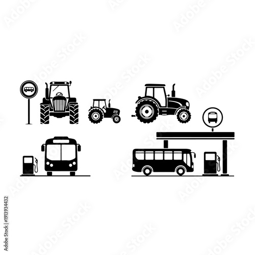 Industrial transportation vehicle icons including agricultural tractor city bus and fuel station symbols for farm machinery public transport logistics and urban infrastructure graphic designs.