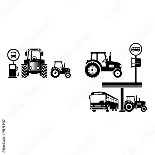 Set of agriculture and public transport icons featuring heavy duty tractor bus terminal and refueling station for farming technology urban transportation management and logistics infrastructure.