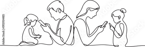 continuous line of parents busy with cellphones and children playing alone.one line drawing of family concern.single line of child concern.one line vector illustration with white background