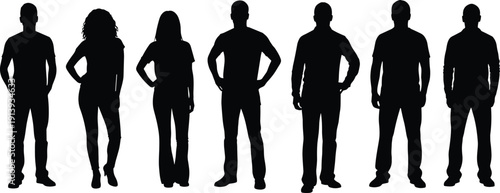Diverse standing people silhouette set, men and women in casual poses, group collection, human figures, cad drawing flat vector illustration