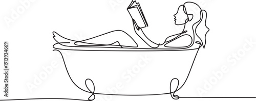 Continuous one line design of a woman is soaking in the bathtub while reading a book.one line vector illustration with white background