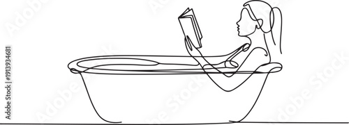 Continuous one line design of a woman is soaking in the bathtub while reading a book.one line vector illustration with white background