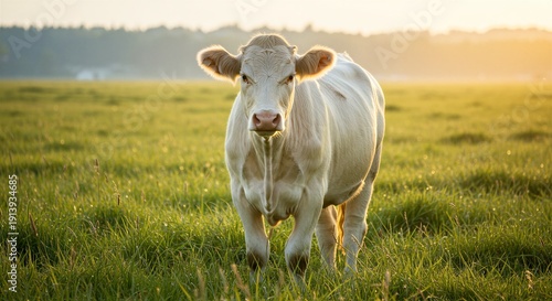 White cow standing on grass in a sunny field