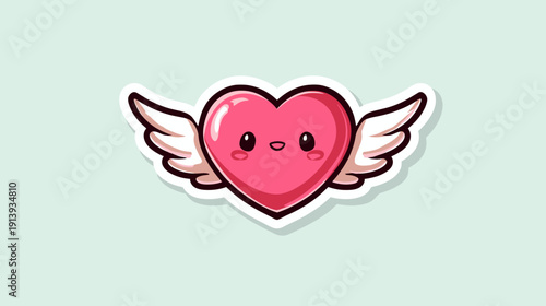 A glossy pink heart with a cute face and white wings on a muted green background, sticker-like design
