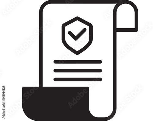 Document security certificate icon with shield checkmark on paper scroll, simple black outline symbol for compliance, verification, policy approval and secure files