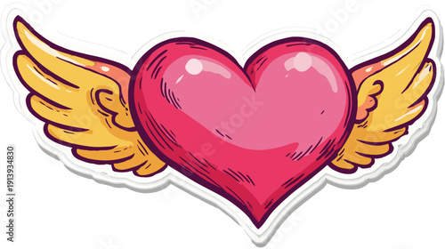 A cartoon heart with golden wings, outlined in white, and a shadow