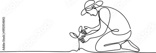 Continuous One Line Drawing Farmer Tending Plant.one line vector illustration with white background