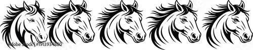 Horse head silhouette pattern with flowing mane, decorative animal artwork, black and white vector illustration, editable, isolated equestrian graphic design