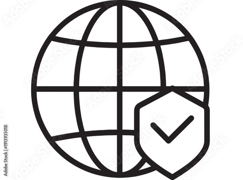 Globe security icon with shield check mark, global internet protection and network privacy concept, simple black line vector illustration isolated on white