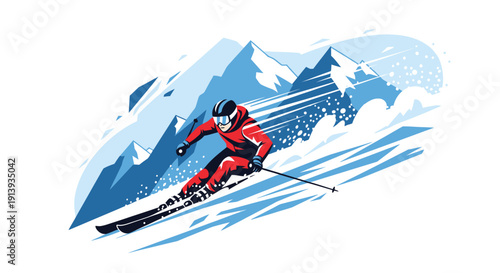 Dynamic skier in action, navigating through snowy alpine mountains with precision and skill