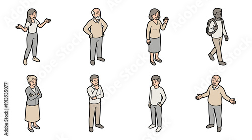 Diverse set of eight illustrated people characters in various poses and expressions, including seniors and young adults, shown from a clean isometric perspective