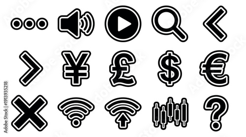 Collection of black and white icons for user interface design, including currency symbols, navigation arrows, and media controls in a bold, graphic line art style