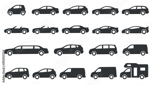 Large collection of various car type icons showing different vehicle models like a sedan, SUV, van, and sports car in a simple, flat black silhouette side profile