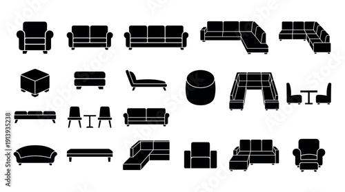 Collection of black furniture silhouettes showing sofas, armchairs, sectionals, ottomans, and chairs in a simple graphic icon set for interior design concepts