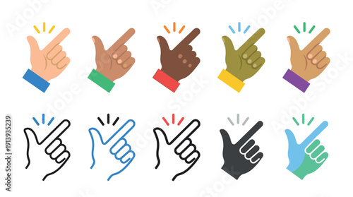 Collection of finger snap hand gesture icons in various flat color and outline styles, representing diverse skin tones and concepts of ease, simplicity, and quick action