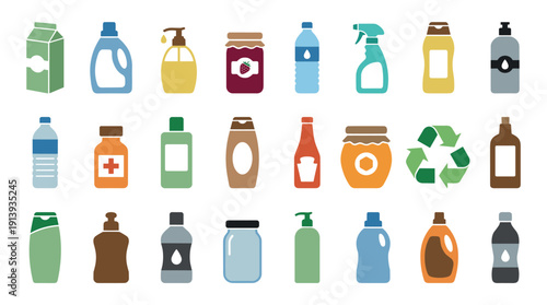 Large collection of colorful flat icons representing various household products, food and drink packaging, and a recycling symbol for environmental concepts