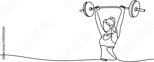 Continuous One Line Woman Lifting Weights  Minimalist Fitness.one line vector illustration with white background