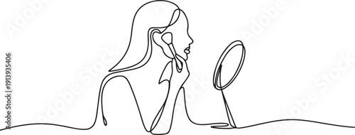 Continuous one single line drawing Woman applying makeup in front of a small mirror icon.one line vector illustration with white background