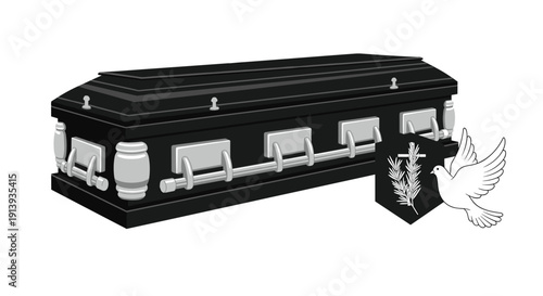 Black funeral coffin with silver handles and a religious crest featuring a dove, on a white background.