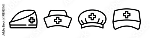 Four black line art nurse hats with medical cross symbols arranged in a row, a minimalist vector icon set representing different styles of professional healthcare headwear