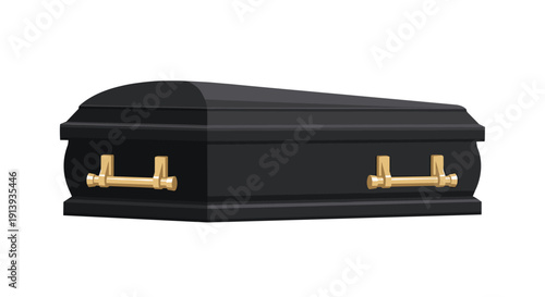 Black funeral coffin with elegant gold handles and a polished, shiny surface, on a white background.