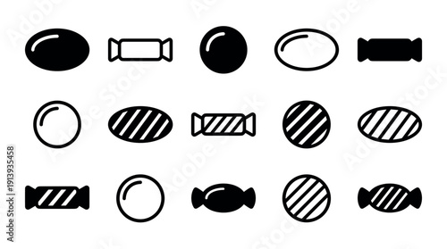 Set of minimalist black candy icons featuring various designs like solid silhouettes, simple outlines, and striped patterns representing different types of sweets and bonbons