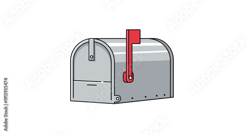 Traditional grey metal rural mailbox with a red flag raised and an arched top, set on a white background.