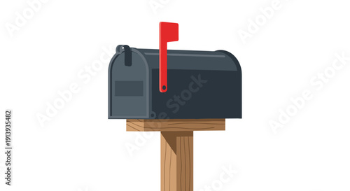 Dark grey rural mailbox with a red flag on a sturdy wooden post, against a clean white background.