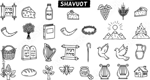 Shavuot Jewish Holiday Doodle Icons Set: Hand-drawn Line Art Symbols of Milk, Torah, First Fruits, Mount Sinai, and Celebration.