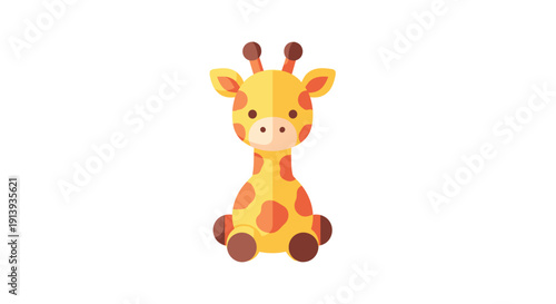 Adorable baby giraffe cartoon character with soft brown spots, sitting calmly on a white background.