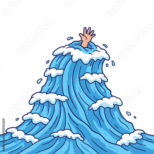 Cartoon Hand Signaling for Help in Giant Wave. Concept of Drowning, Overwhelmed by Stress, Debt, or Workload Crisis.