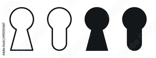 Collection of four minimalist black keyhole icons in various styles, including thin line art outlines and solid filled silhouettes, symbolizing security, privacy, and access