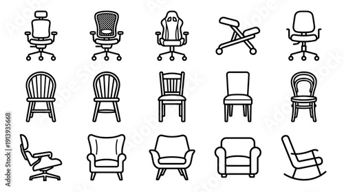 Large collection of various chair icons featuring office, gaming, dining, armchair, and rocking chair models in a clean, minimalist black and white line art style