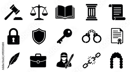Set of black law and justice silhouette icons including a gavel, scales, handcuffs, and a judge's wig, representing legal concepts like crime, court, and legislation