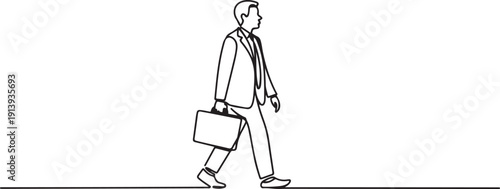 Minimalist one line drawing of businessman in profile walking with briefcase in formal suit and tie.one line vector illustration with white background