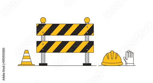 Construction site barrier with warning cone, safety helmet, and protective glove on a clean white background.