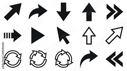 Collection of black arrow icons in various styles showing direction, including up, down, left, right, refresh, and a cursor pointer for user interface navigation