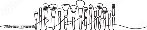 one continuous line drawing of various kinds of powder brushes.one line drawing of powder brushes of different sizes.one line vector illustration with white background