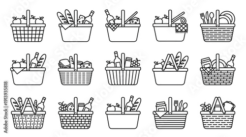 Collection of picnic basket icons in a simple line art style showing various food items like bread, wine, cheese, and fruit for a summer outing or romantic meal