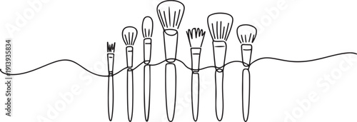 one continuous line drawing of various kinds of powder brushes.one line drawing of powder brushes of different sizes.one line vector illustration with white background