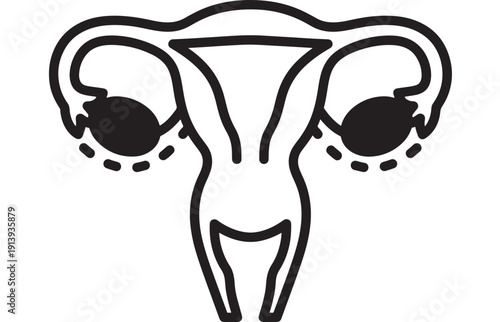 Uterus and ovaries icon in black outline showing female reproductive system anatomy, gynecology and fertility concept, isolated vector style medical symbol