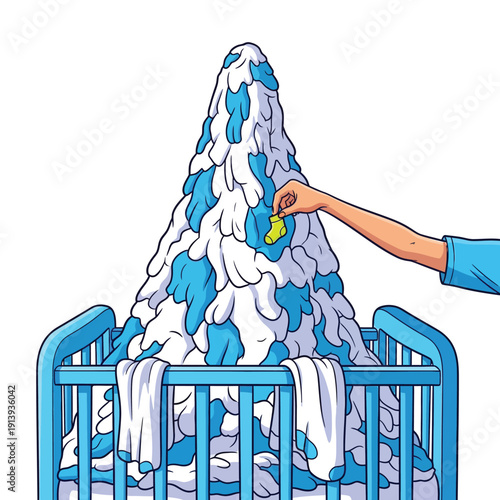 Overwhelming Baby Laundry Mountain in Crib. Cartoon Illustration of Parenting Chores, Newborn Mess, and Domestic Burden.