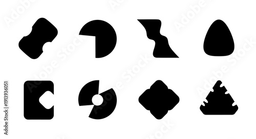 A collection of abstract black shapes and forms including organic and geometric designs on transparent background silhouette high quality