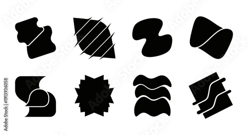Abstract black shapes arranged in two rows featuring varying forms and a striking silhouette on transparent background high quality