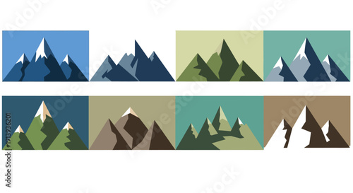 A collection of stylized mountain ranges in varied color palettes presented as repeating tiles on transparent background silhouette