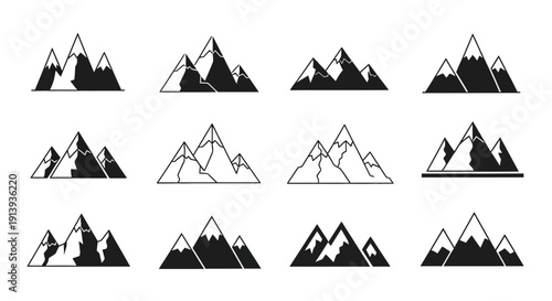 A collection of nine mountain range designs featuring varying styles and outlines on transparent background silhouette high quality professional