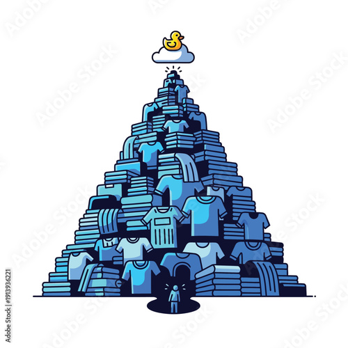 Massive Mountain of Folded Blue Clothes and T-Shirts. Laundry Overload Challenge Metaphor with Tiny Person Seeking Goal Rubber Duck.