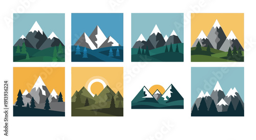 A collection of eight colorful mountain landscape art pieces ideal for design projects on transparent background silhouette high quality